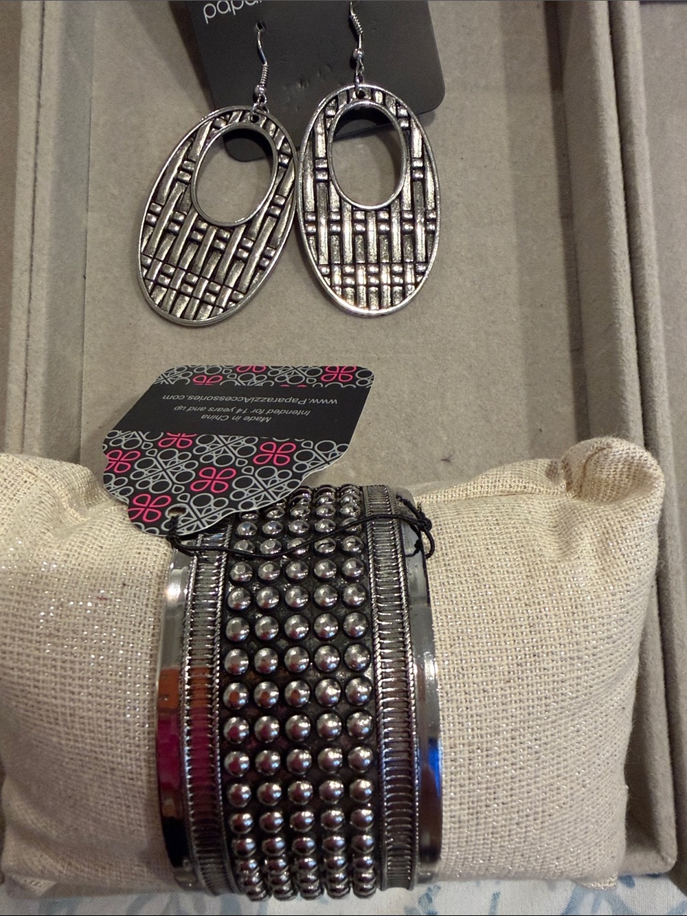 Papaya Silver Beaded Cuff Bracelet and Oval Drop Earrings